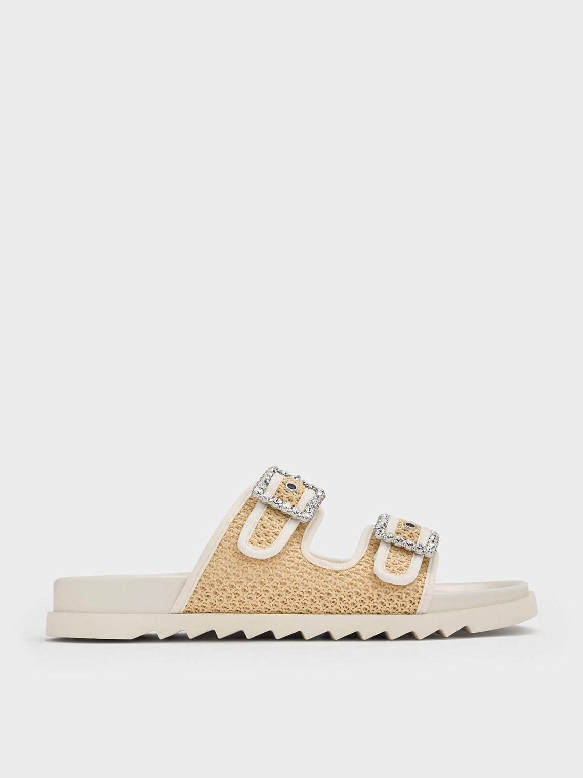 Raffia Gem-Buckle Double-Strap Sandals - Sand | CHARLES & KEITH