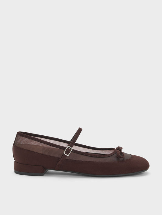 Mulligan Faux Suede & Mesh Mary Janes - Dark Brown Textured | CHARLES & KEITH