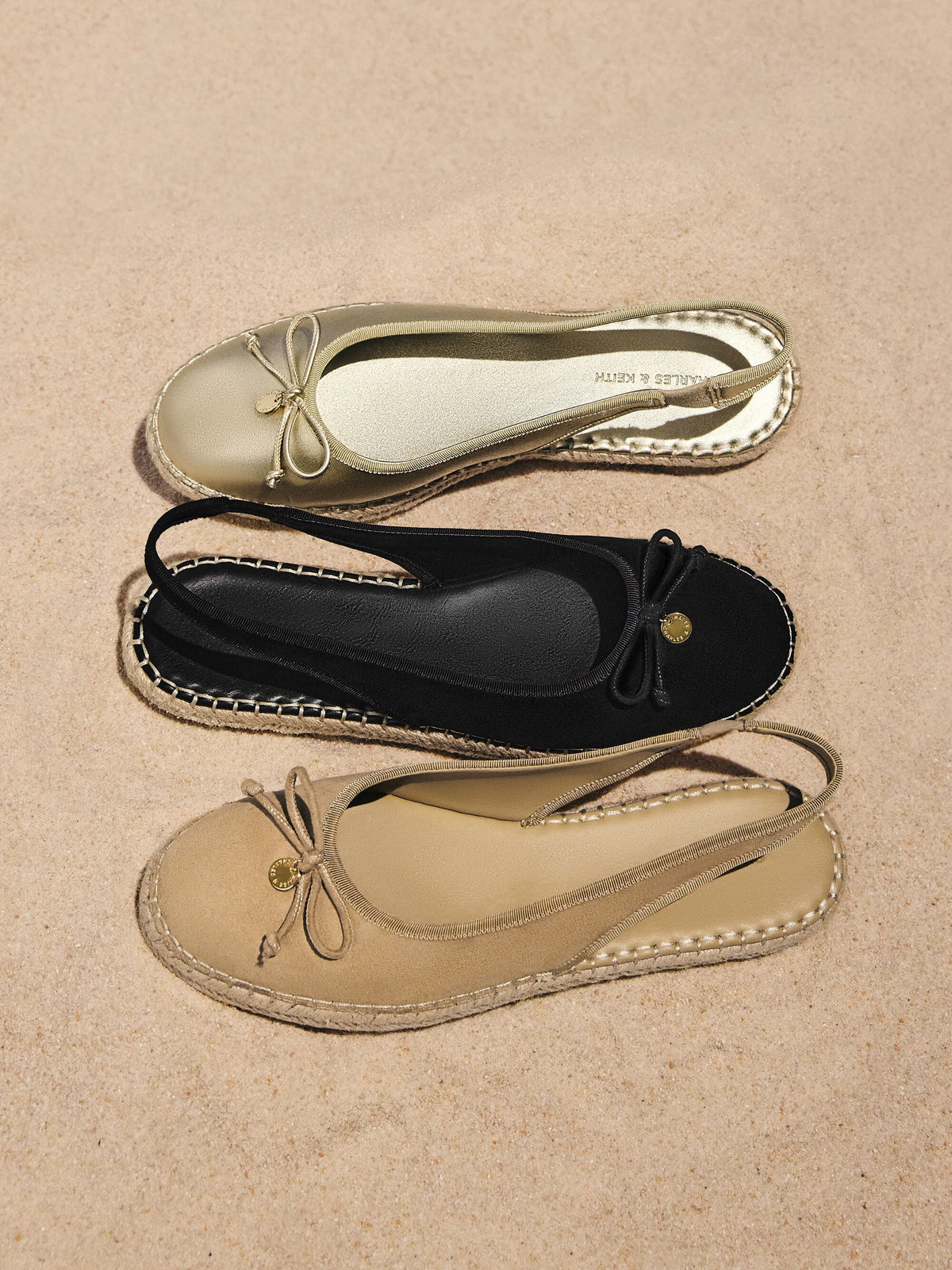 Faux Suede Bow Slingback Espadrilles - Black Textured | CHARLES & KEITH