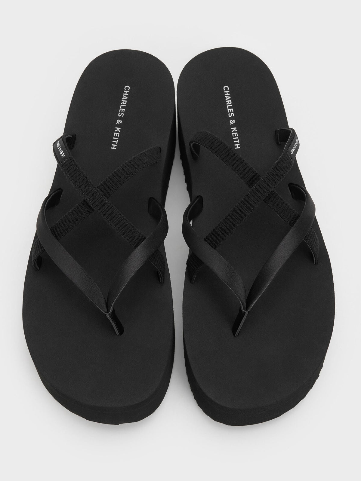 Levy Satin Strappy Flatform Sandals - Black Textured | CHARLES & KEITH