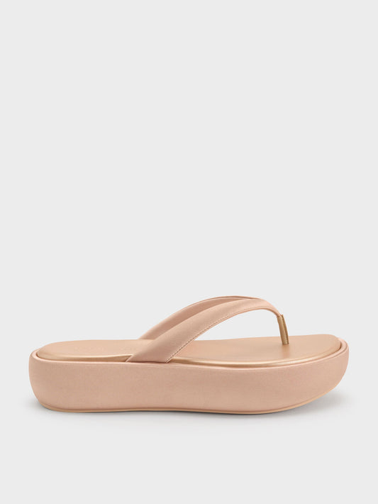 Satin Thong Flatform Sandals - Nude | CHARLES & KEITH