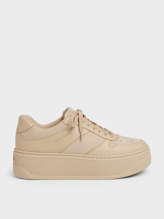 Faux Suede Platform Sneakers - Beige | CHARLES & KEITH