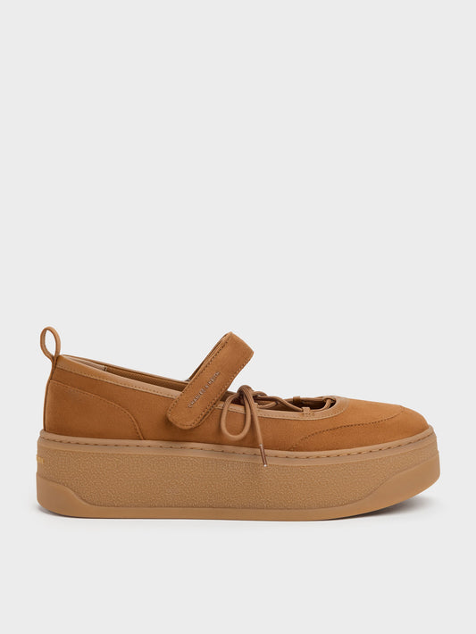 Faux Suede Mary Jane Platform Sneakers - Cognac | CHARLES & KEITH