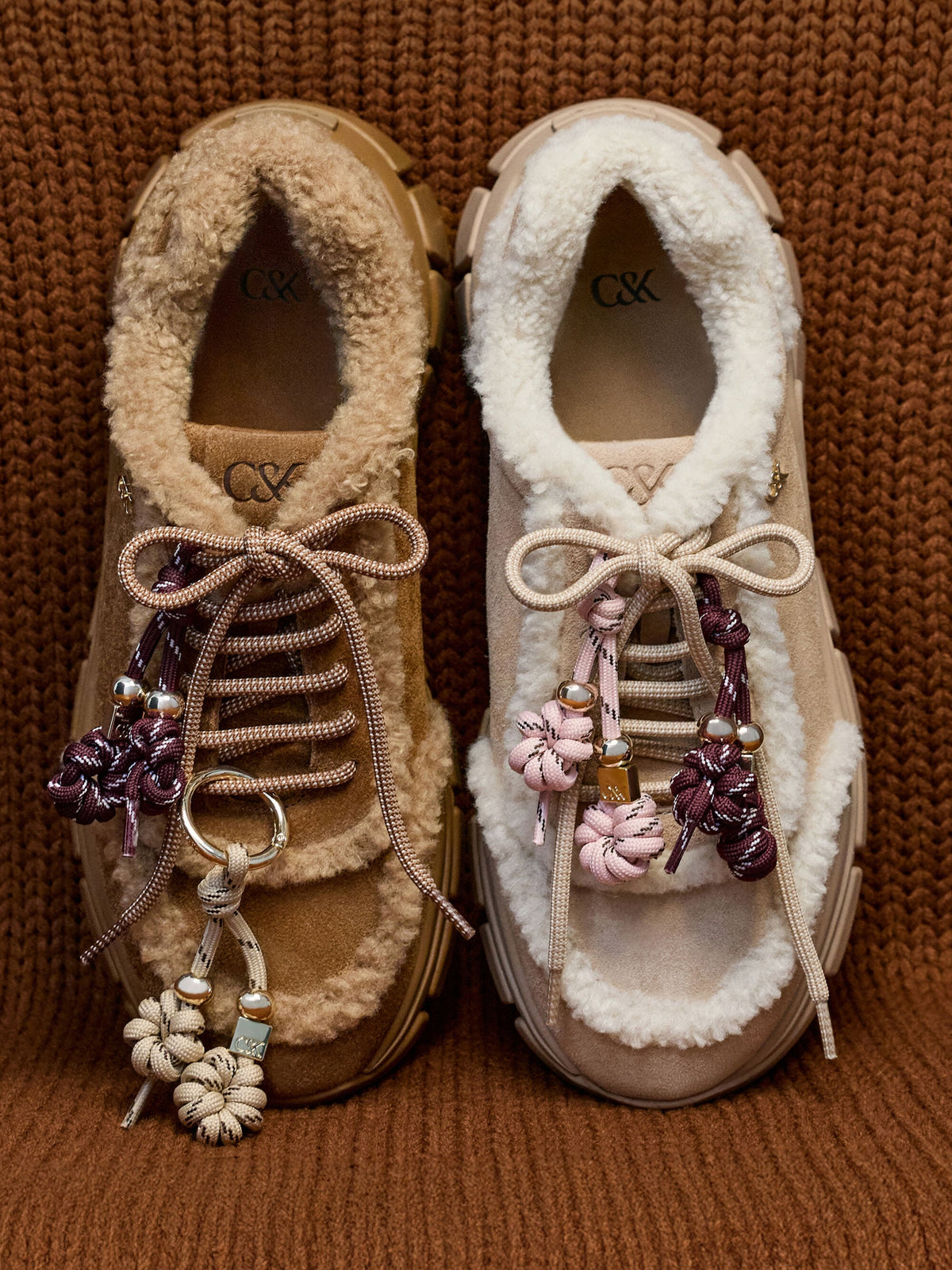 Yunna Suede & Faux Shearling Chunky Sneakers - Brown | CHARLES & KEITH