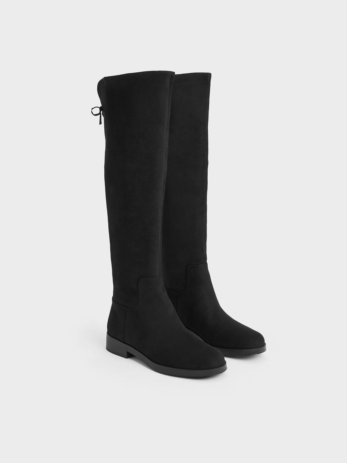 Louisa Faux Suede Fold-Over Thigh-High Boots - Black Textured | CHARLES & KEITH