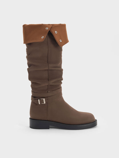 Eilis Faux Suede Thigh-High Boots - Dark Brown Textured | CHARLES & KEITH