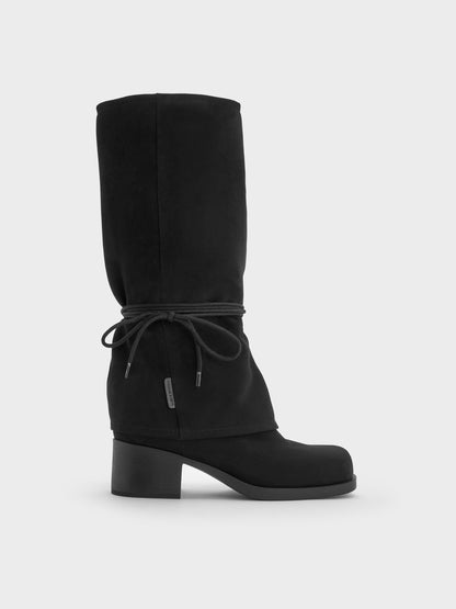 Faux Suede Tie-Around Knee-High Boots - Black Textured | CHARLES & KEITH