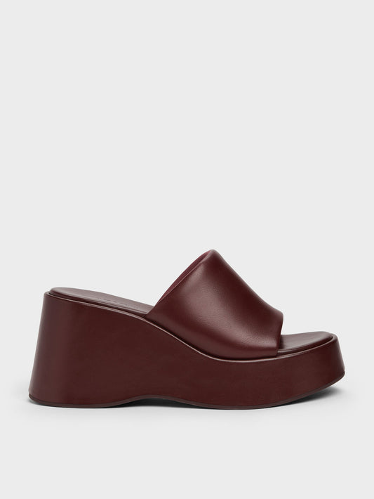 Wide-Strap Platform Wedges - Burgundy | CHARLES & KEITH
