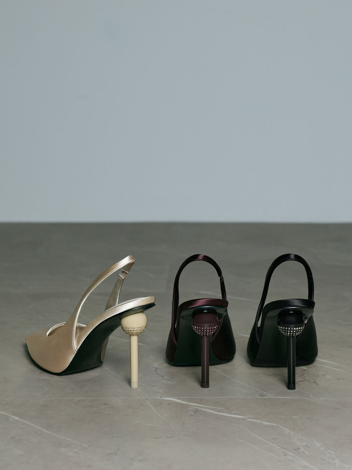 Satin Crystal Ball-Heel Slingback Pumps - Black Textured | CHARLES & KEITH
