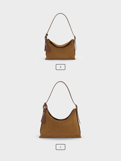 Leather & Suede Top-Flap Hobo Bag - Brown | CHARLES & KEITH