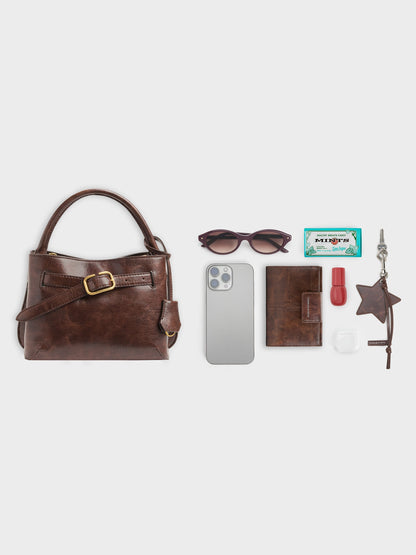 Victoria Belted Top Handle Bag - Distressed Coffee | CHARLES & KEITH