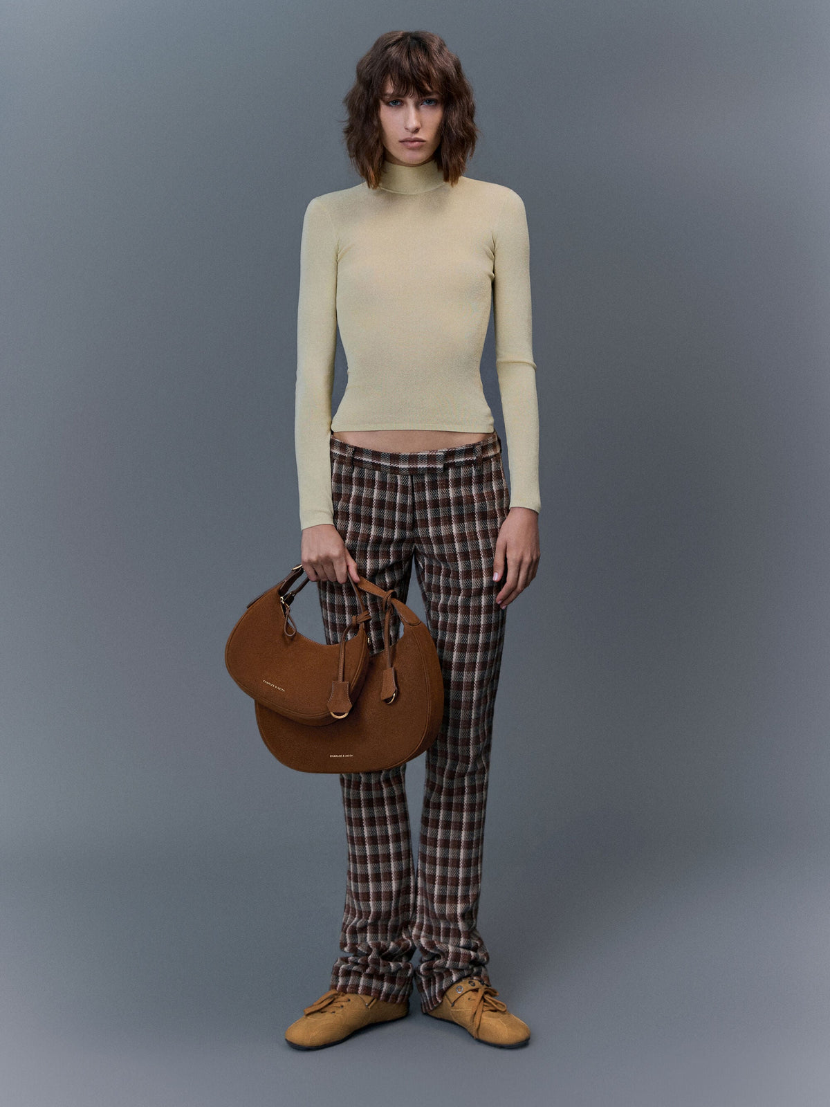 Vega Faux Suede Hobo Bag - Pecan Brown | CHARLES & KEITH