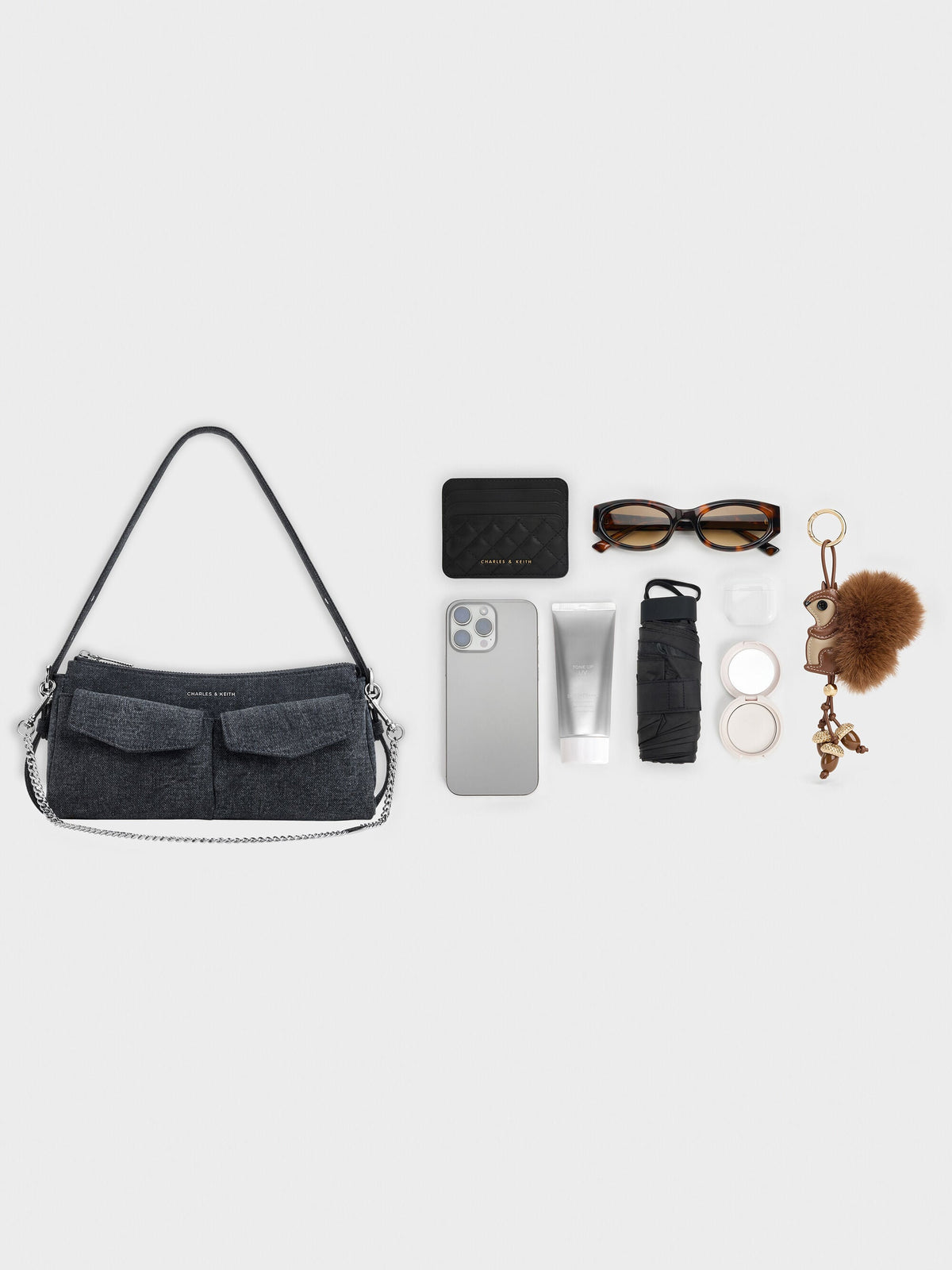 Rachel Denim Front-Pocket Chain Shoulder Bag - Denim Blue | CHARLES & KEITH