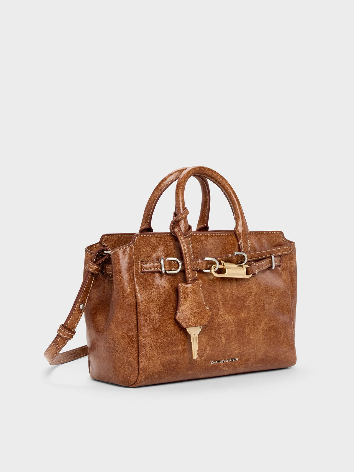 Mini Delfina Belted Tote Bag - Distressed Tan | CHARLES & KEITH