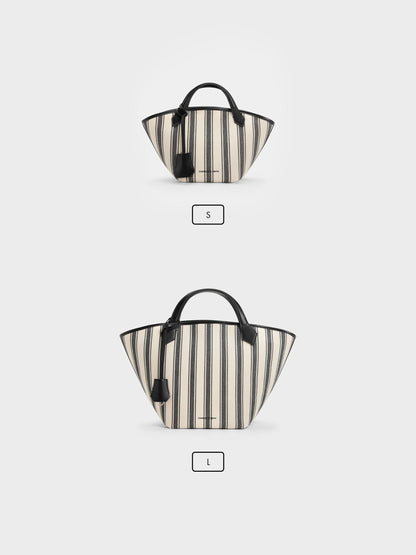 Large Ivanna Canvas Striped Tote Bag - Noir | CHARLES & KEITH