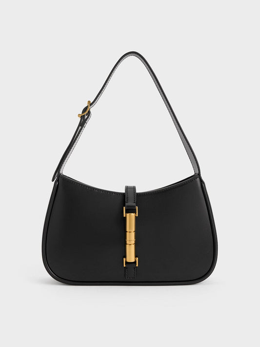 Cesia Metallic-Accent Shoulder Bag - Black | CHARLES & KEITH