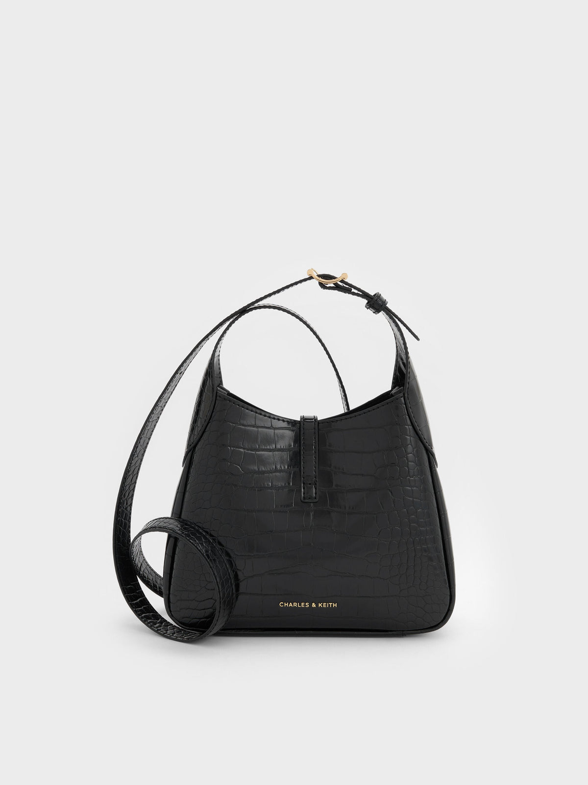Mini Adalyn Croc-Effect Hobo Bag - Black Croco | CHARLES & KEITH