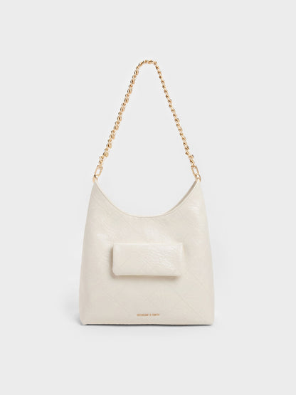 Duo Quilted Front-Pocket Chain Hobo Bag - Cream | CHARLES & KEITH