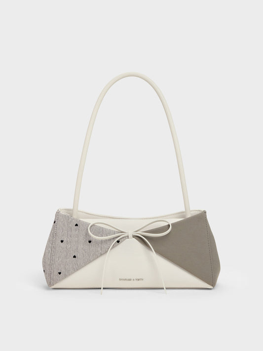 Hazel Heart-Print Bow Panelled Shoulder Bag - Taupe | CHARLES & KEITH
