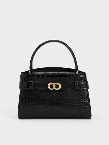 Aubrielle Croc-Effect Belted Top Handle Bag - Black | CHARLES & KEITH