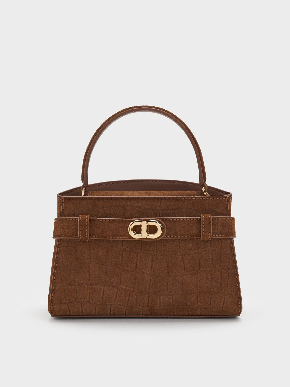 Aubrielle Croc-Effect Belted Top Handle Bag - Chocolate | CHARLES & KEITH