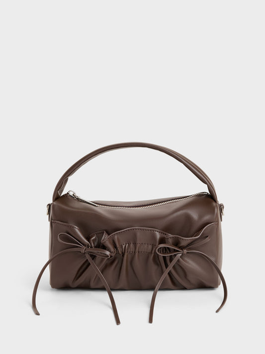 Reese Ruched Bow Top Handle Bag - Espresso Brown | CHARLES & KEITH