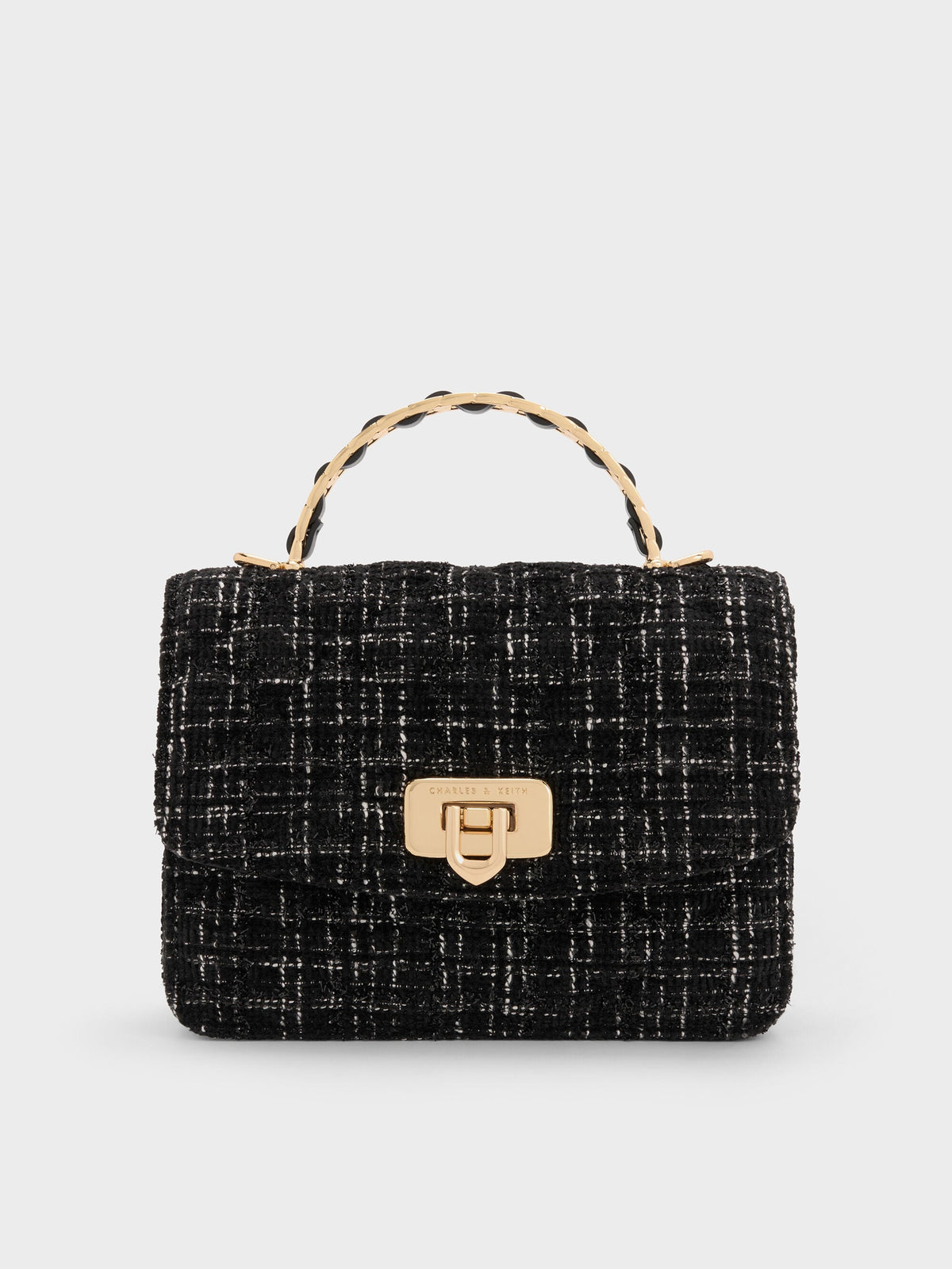 Cressida Tweed Quilted Top Handle Bag - Black Tweed | CHARLES & KEITH