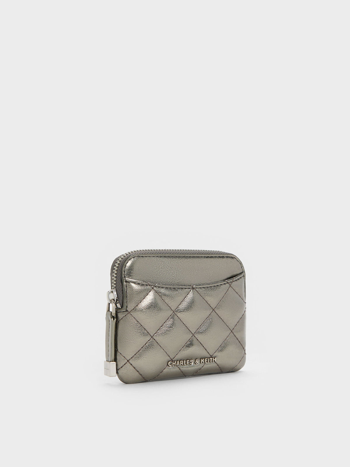 Alva Metallic Quilted Top-Zip Card Holder - Pewter | CHARLES & KEITH