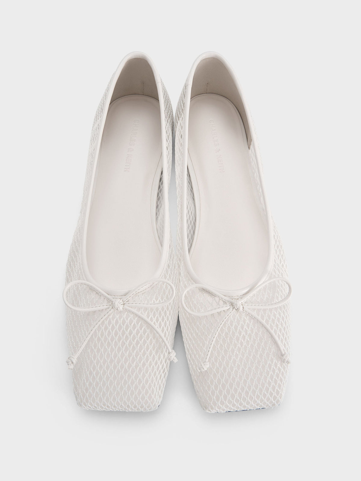 Mesh Square-Toe Bow Ballet Flats - White | CHARLES & KEITH