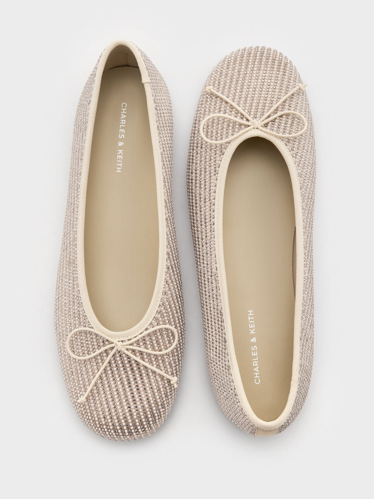 Satin Crystal-Pearl Bow Ballet Flats - Gold | CHARLES & KEITH