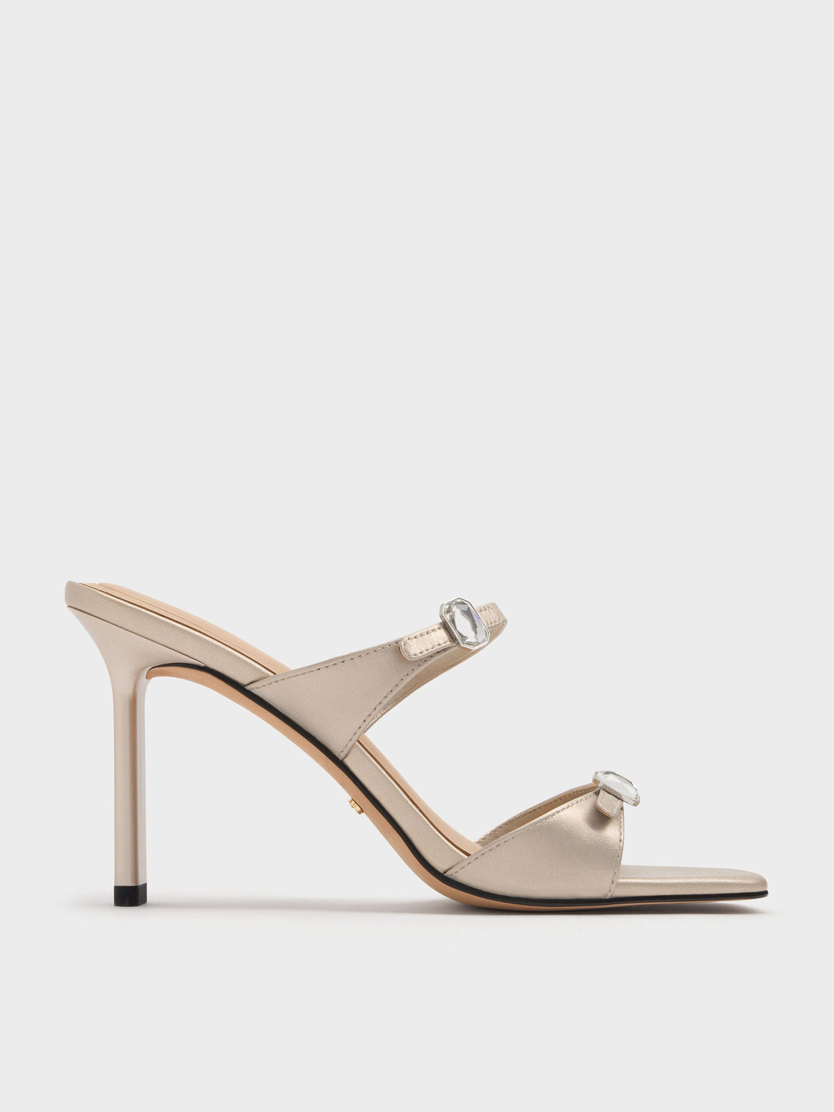 Pearlescent Leather Gem-Buckle Heeled Sandals - Ivory | CHARLES & KEITH