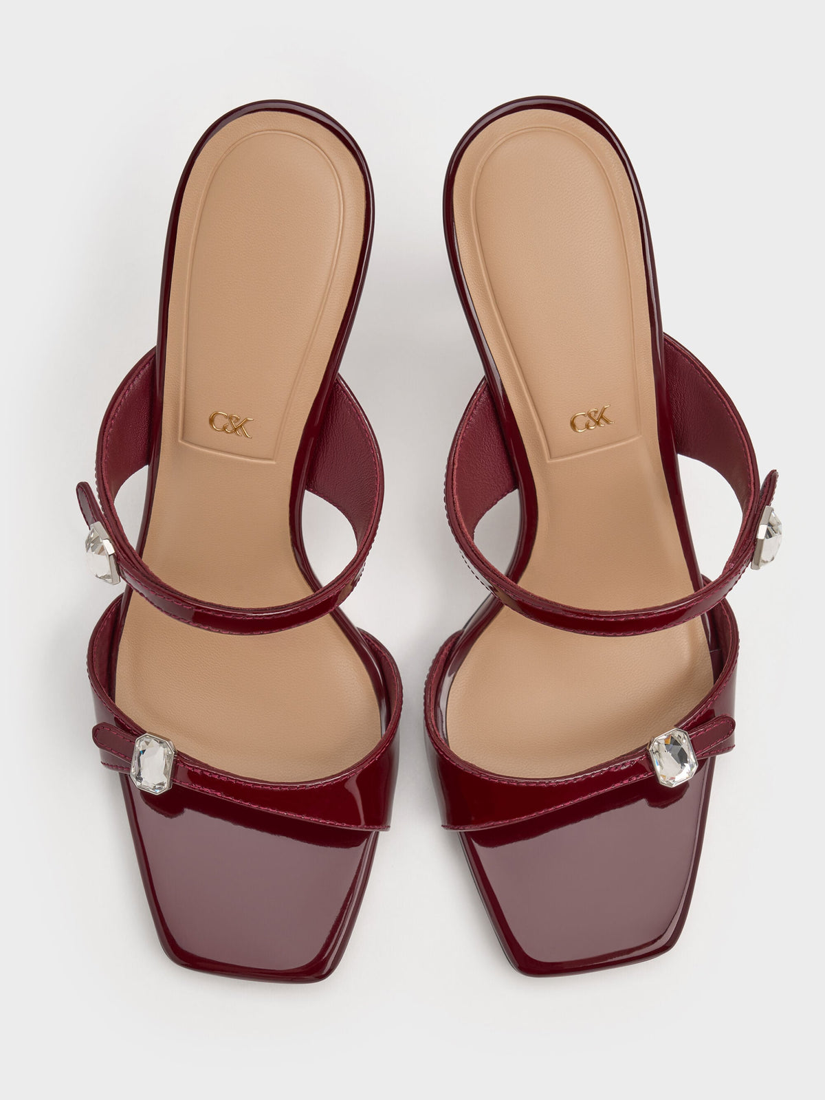 Patent Leather Gem-Buckle Heeled Sandals - Burgundy | CHARLES & KEITH
