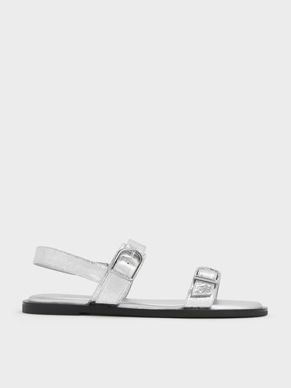 Metallic Double-Strap Slingback Sandals - Silver | CHARLES & KEITH