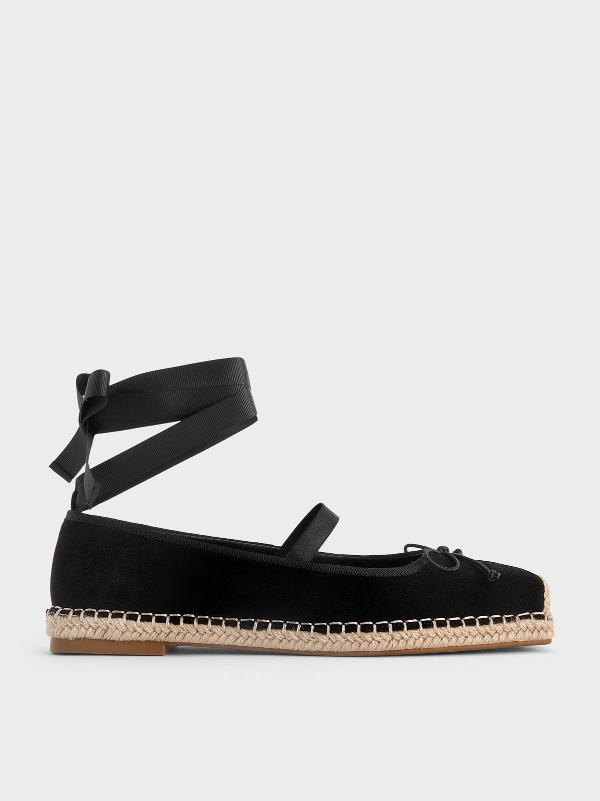 Bernadine Faux Suede Espadrille Flats - Black Textured | CHARLES & KEITH