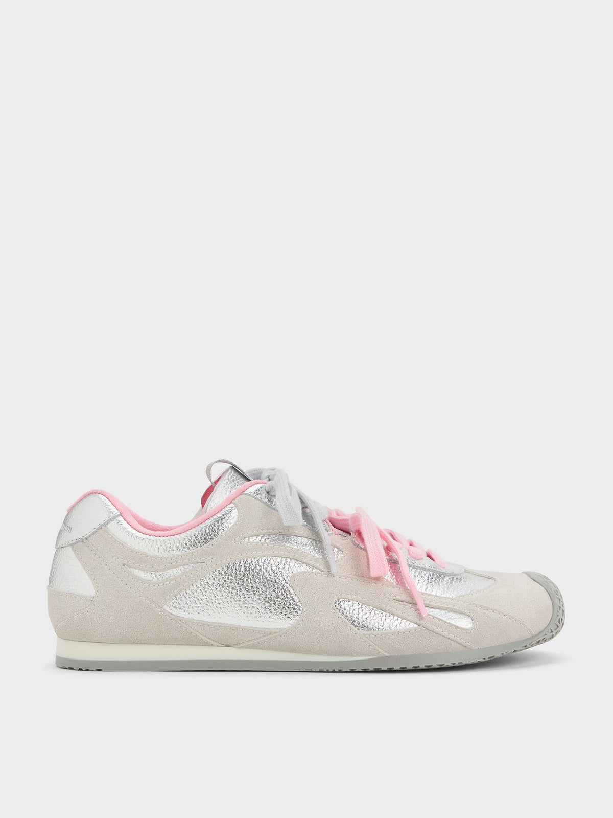 Metallic Leather & Suede Double-Lace Sneakers - Silver | CHARLES & KEITH