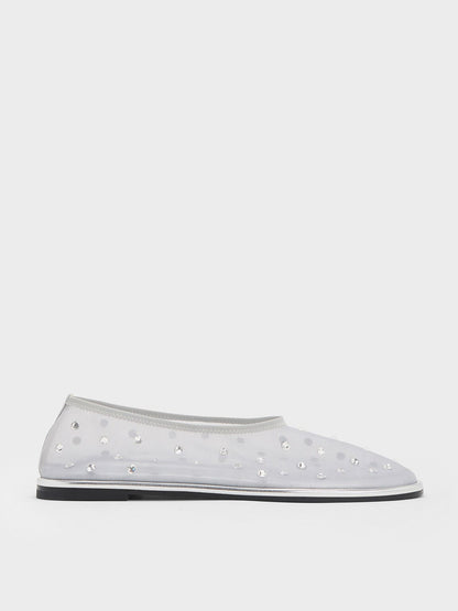Mesh Gem-Embellished Ballet Flats - Silver | CHARLES & KEITH
