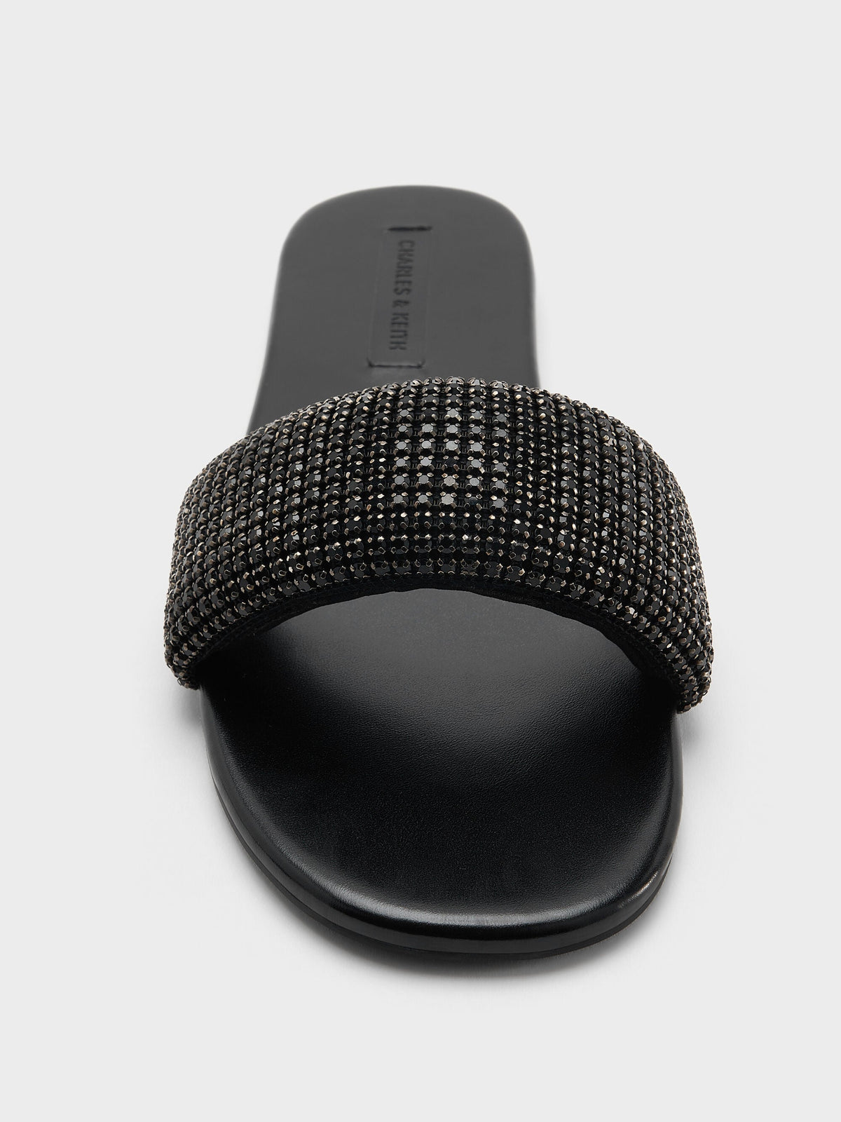 Faux Suede Crystal Slide Sandals - Black Textured | CHARLES & KEITH