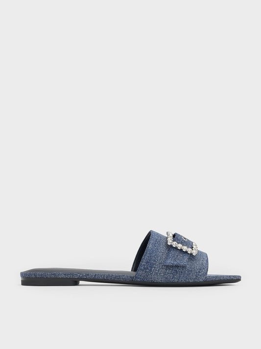 Denim Gem-Buckle Square-Toe Slide Sandals - Denim Blue | CHARLES & KEITH