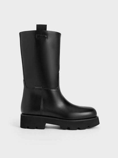 Double Pull-Tab Calf Boots - Black | CHARLES & KEITH