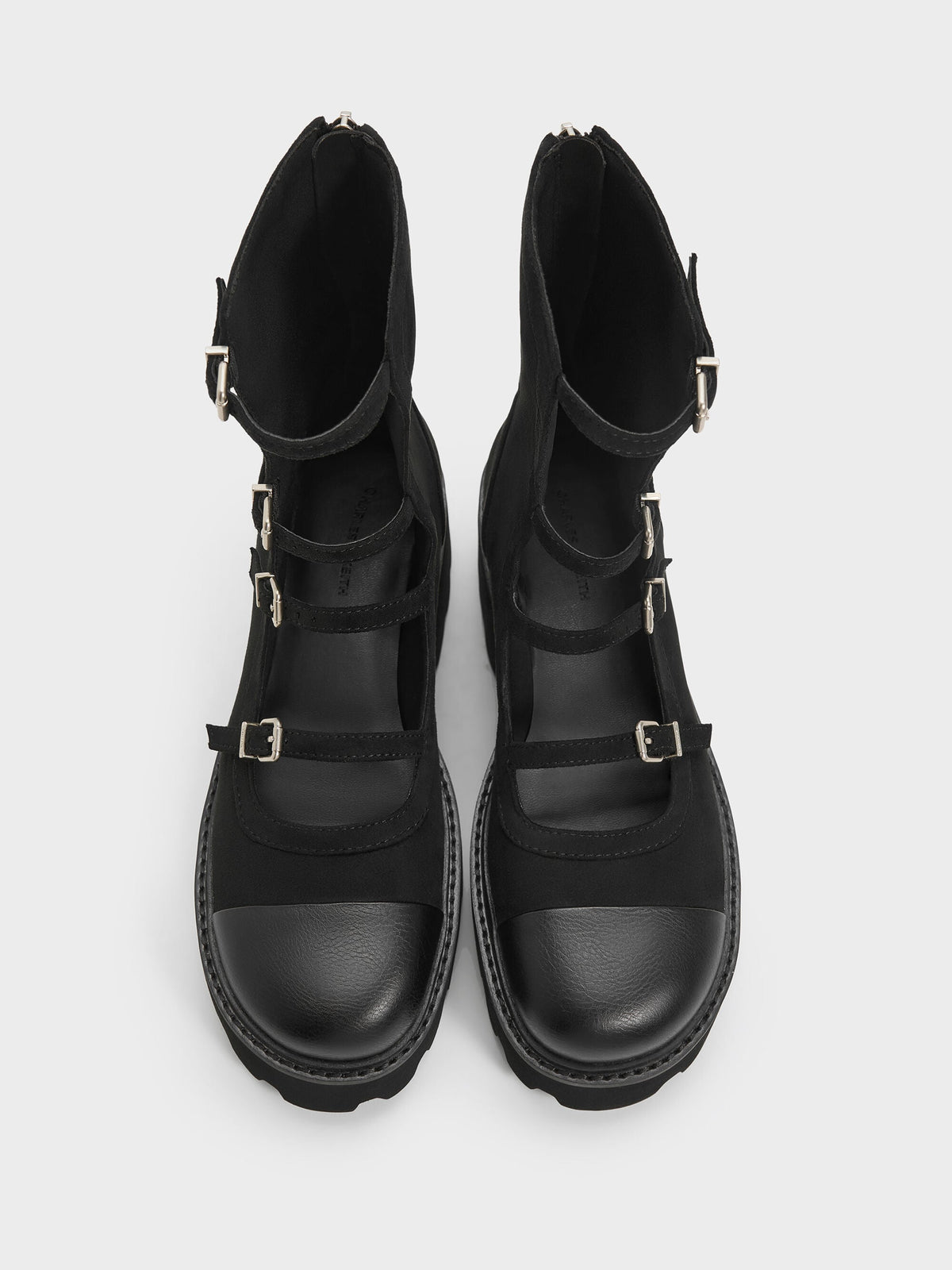Celia Faux Suede Multi-Strap Calf Boots - Black Textured | CHARLES & KEITH