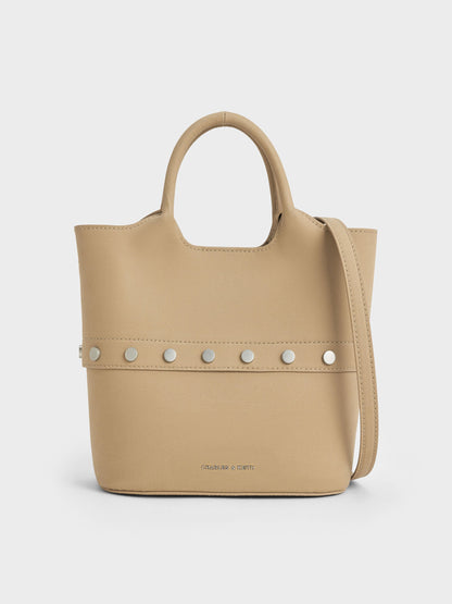 Bobbie Twill Studded Convertible Bucket Bag - Toasted Sand | CHARLES & KEITH